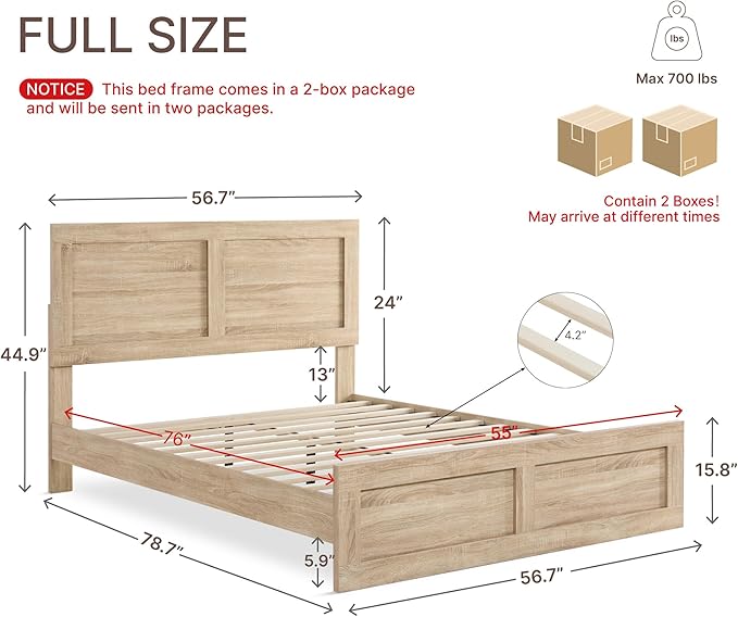 KISLOT Wood Bed Frame, Full Size Wooden Platform Bed Frame with Headboard and Footboard Mattress Foundation Farmhouse Bedroom Furniture No Box Spring Needed
