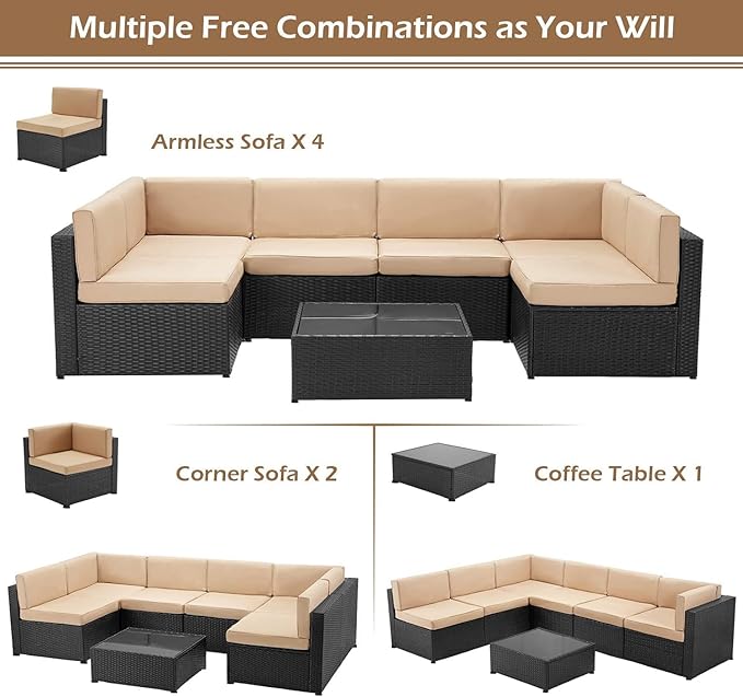 U-MAX 7 Piece Outdoor Patio Furniture Set with 43 Inch Fire Pit Table, PE Rattan Wicker Sofa Set, Outdoor Sectional Furniture Chair Set with Cushions and Tea Table, Black Rattan&Beige Cushion