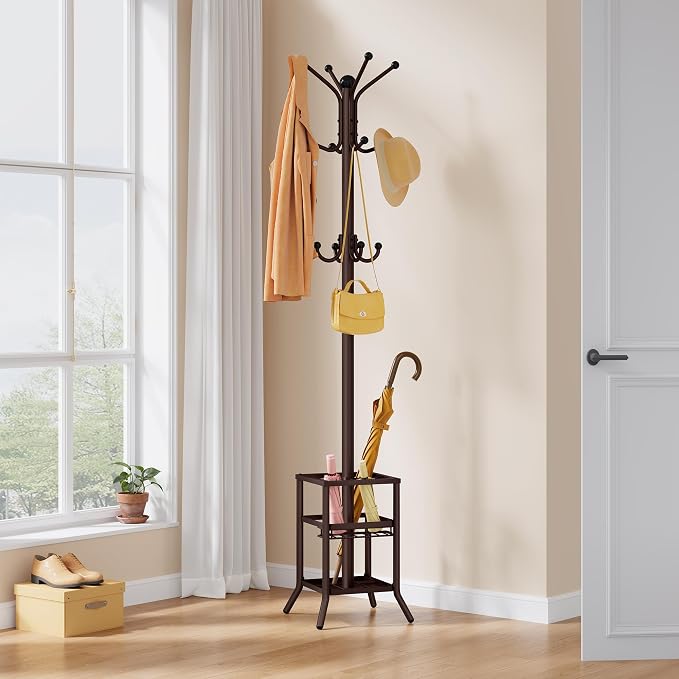FAVOOSTY Coat Rack Freestanding,Coat Rack Stand with Umbrella Holder,Metal Coat Tree with 12 Hooks,Tree Clothes Hat for Entryway, Hallway, Bedroom, Living Room & Office -Brown - Image 8