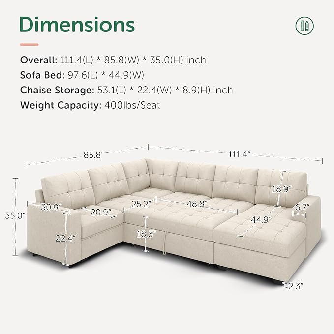HONBAY Sleeper Sectional Sofa with Pull Out Bed, U Shaped Sectional Sleeper Couch with Storage Chaise, Convertible Sectional Sleeper Sofa Bed, Beige