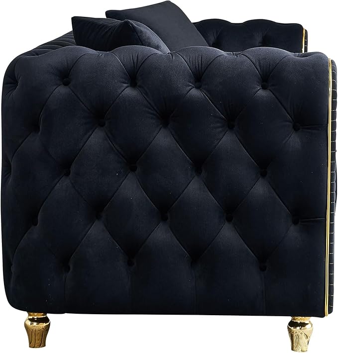 KEIKI 86" Chesterfield Velvet Button Tufted Sofa with High Density Foam Cushions and 2 Toss Pillows, Modern Style 3-Seater Couch with Gold Strip Trim Decoration, Easy Assembly, for Living Room, Black