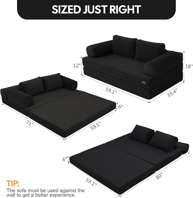 MeMoreCool Convertible Sofa Bed Black, Folding Floor Couch Bed Queen, Pull Out Sleeper Couch with Pillows, Corduroy Fold Out Futon Sofa for Bedroom Living Room Small Space