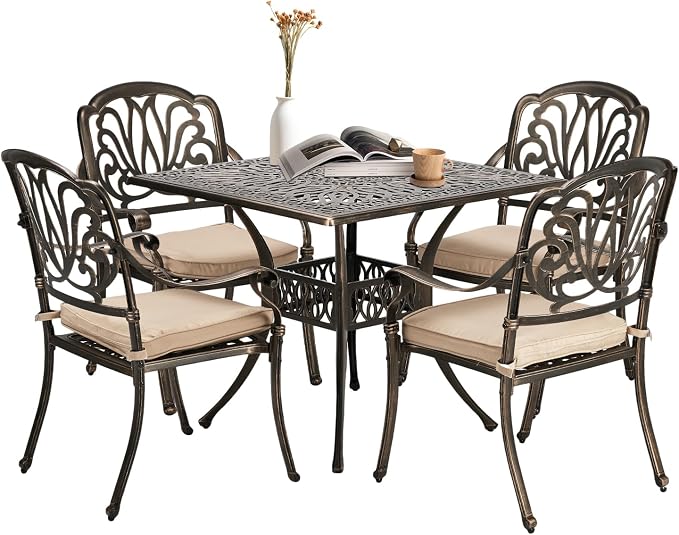 VINGLI 5-Piece Outdoor Patio Dining Set, Cast Aluminum All-Weather Outdoor Table and Chairs w/Cushion, Outdoor Furniture Set w/Umbrella Hole for Backyard Deck Poolside (Square, Elizabeth Back) by VINGLI