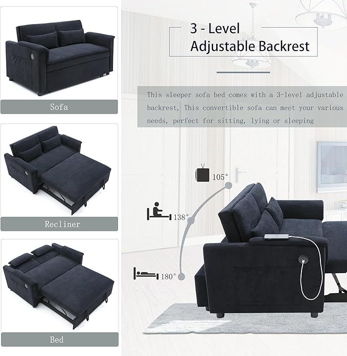 55" Convertible Loveseat Pull Out Sofa Bed for Living Room 3 in 1 Multi-Functional Sleeper Sofa Chaise Lounge Daybed Sofacama w/Adjustable Backrest,USB Ports,Side Pockets