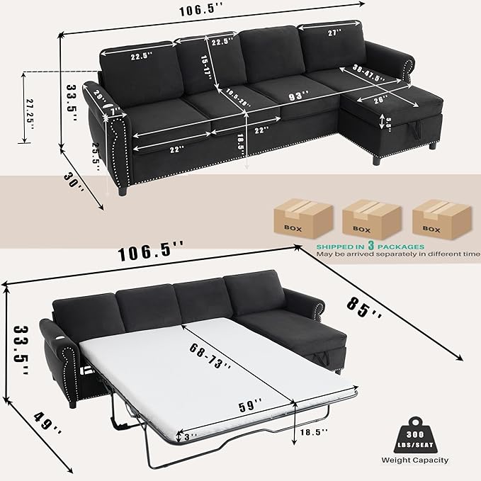 ERYE L-Shaped Reversible Sectional Sofa with Pull Out Queen Memory Mattress Sleeper Bed, 2-in-1 L-Shaped Corner Sectional Couches W/Wireless Charging, Storage Chaise Lounge