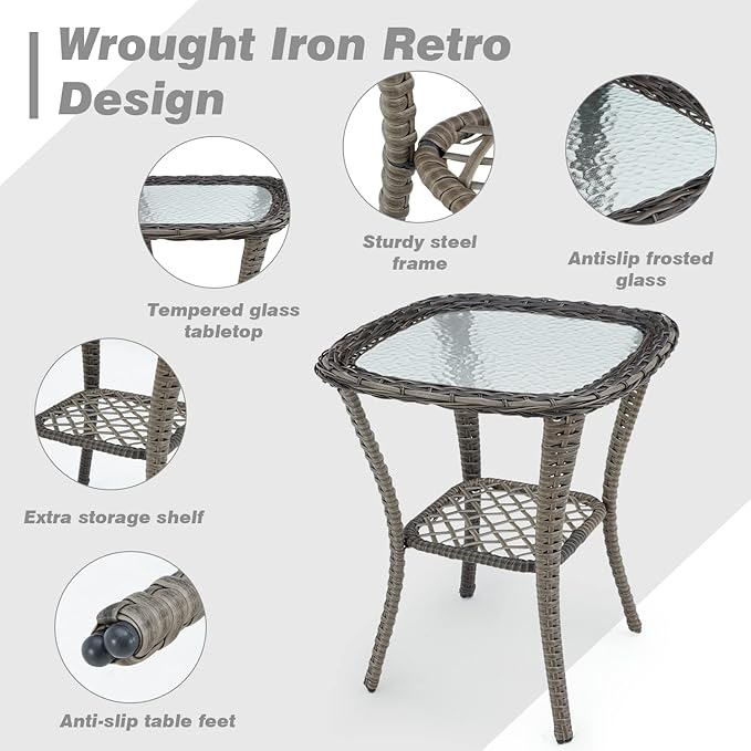 EROMMY 3 Pieces Outdoor Swivel Rocker Patio Chairs, 360 Degree Rocking Patio Conversation Set with Thickened Cushions and Glass Coffee Table for Backyard, Grey