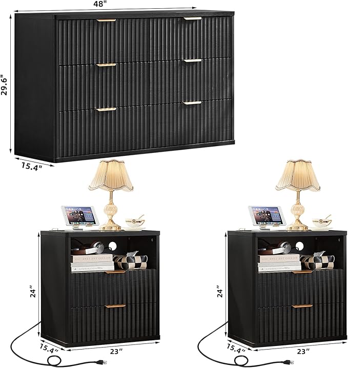 LEYAOYAO 48" Wide Fluted Dresser and 2 Drawers 23" Nightstand Set of 2, Wooden Dresser & Night Stand with Charging Station, 3 Piece Bedroom Furniture Set, Wood Chest of Drawer for Living Room,Black