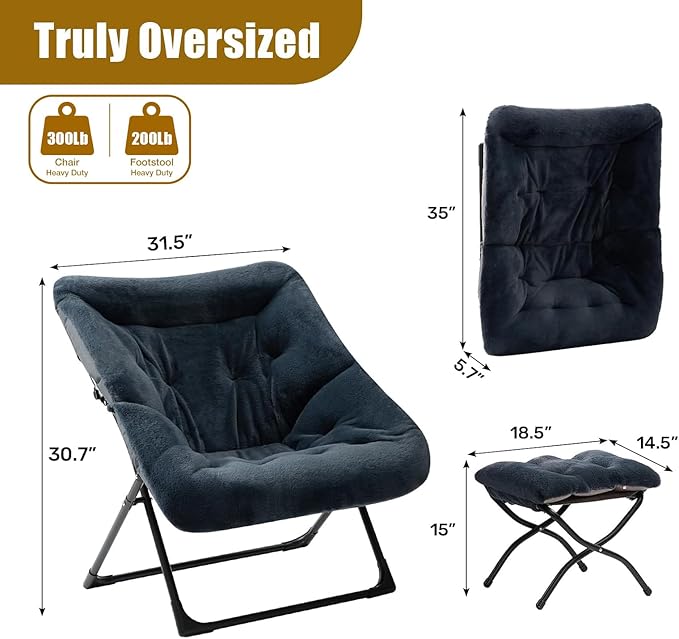 HollyHOME X-Large Saucer Chair with Foldable Ottoman, Comfy Oversized Folding Chair and Folding Footrest Stool Set, Faux-Fur Reading Chair and Footstool for Living Room, Navy Blue Chair&Stool