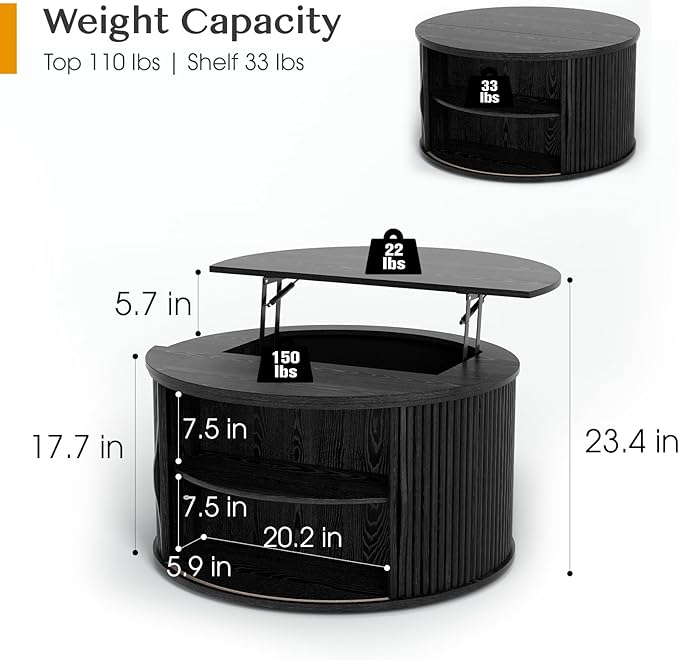 31.5" Round Lift Top Coffee Table with Hidden Storage,Modern Black Drum Coffee Table for Living Room, Wood Fluted Design Center Table for Small Apartment & WFH