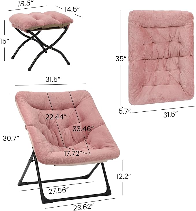 Comfy Saucer Chair for Adults, Soft Faux Fur Bedroom Chair with Ottoman, Accent Dorm Chairs, Living Room Reading Chairs and Footstool, Folding Seat for Teens, X-Large, Dusky Pink