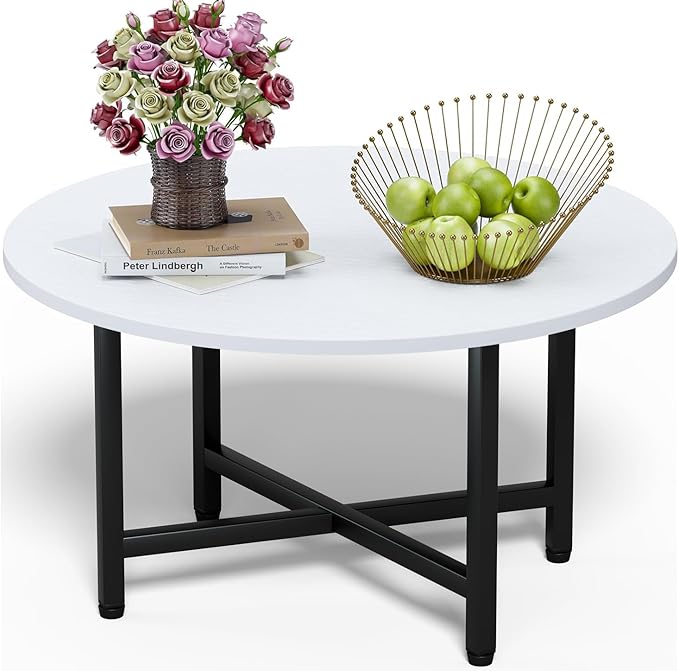 Coffee Table, 23.6" Coffee Tables for Living Room, Round Coffee Table with Metal Frame, Floor Table for Sitting on The Floor, Home, Office, White
