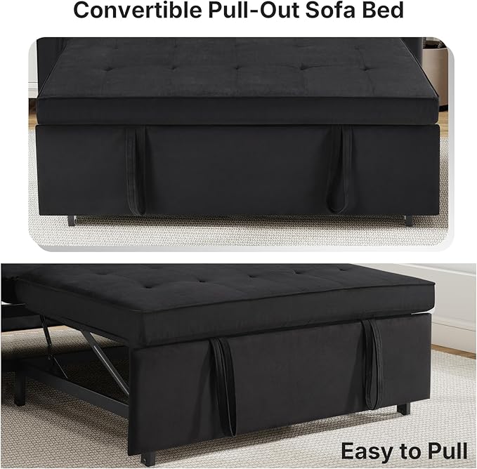Rovibek 3-in-1 Velvet Sleeper Sofa Bed, Convertible Pull Out Couch for Living Room with Adjustable Backrest, Side Pockets, Velvet Fabric Loveseat Sofa for Apartment, Black