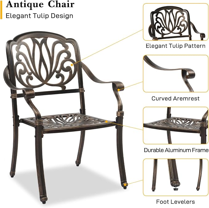 VINGLI 5 Pieces Outdoor Patio Dining Set, Cast Aluminium Patio Furniture Set with 4 Chairs and 1 Umbrella Table for Yard, Garden, Porch and Poolside, Bronze - Image 6