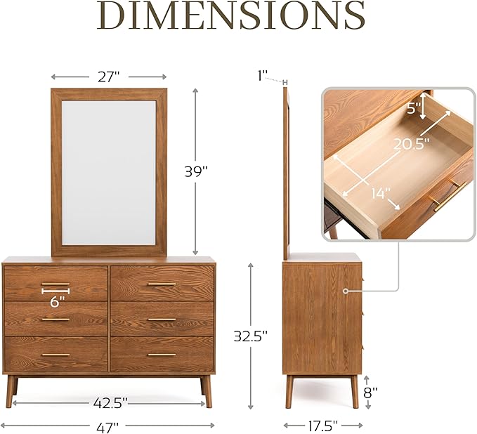 Furniture of America Wyatt Modern Solid Wood Bedroom Collection with Queen Bed Frame, Nightstands, Dresser with Mirror, No Box Spring Needed, Walnut, Standard Low Profile, 5-Piece Set