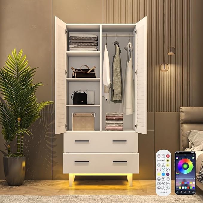 Hlivelood 2 Door Armoire Wardrobe Closet Cabinet with Mirror, Drawers and LED Lights, Multi-Tier Shelves, Hanging Rod & 2 Louver Doors, Large Capacity Storage Wardrobe Armoire for Bedroom, White