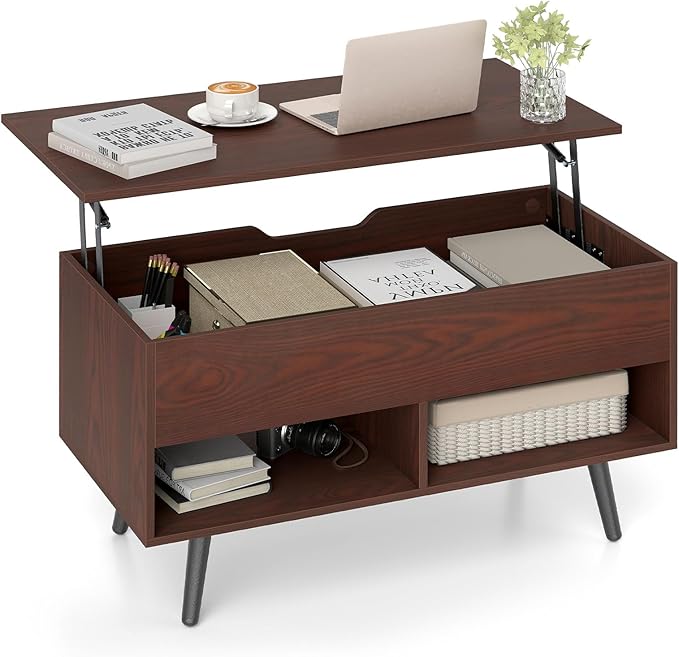 Giantex Lift Top Coffee Table, Modern Cocktail Table w/Hidden Compartment & 2 Open Shelves, Flip Top Center Table, Wooden Pull up Coffee Table for Living Room, Reception Room, Office (Walnut)