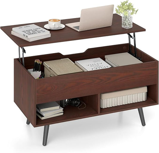 Giantex Lift Top Coffee Table, Modern Cocktail Table w/Hidden Compartment & 2 Open Shelves, Flip Top Center Table, Wooden Pull up Coffee Table for Living Room, Reception Room, Office (Walnut)