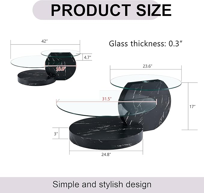 42" Glass Coffee Table, Round Coffee Table, 2-Tier Tempered Glass Tabletop with Black Faux Marble Base, Modern Center Table for Living Room, Home, Apartment, Ideal for Small Space