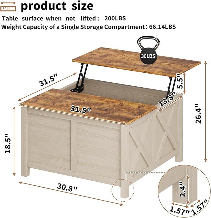 Lift Top Coffee Table with Storage, 31.5" Farmhouse Coffee Tables with Wooden Lift Tabletop and Hidden Compartment Square Center Table for Living Room, Home Office Small Space, White