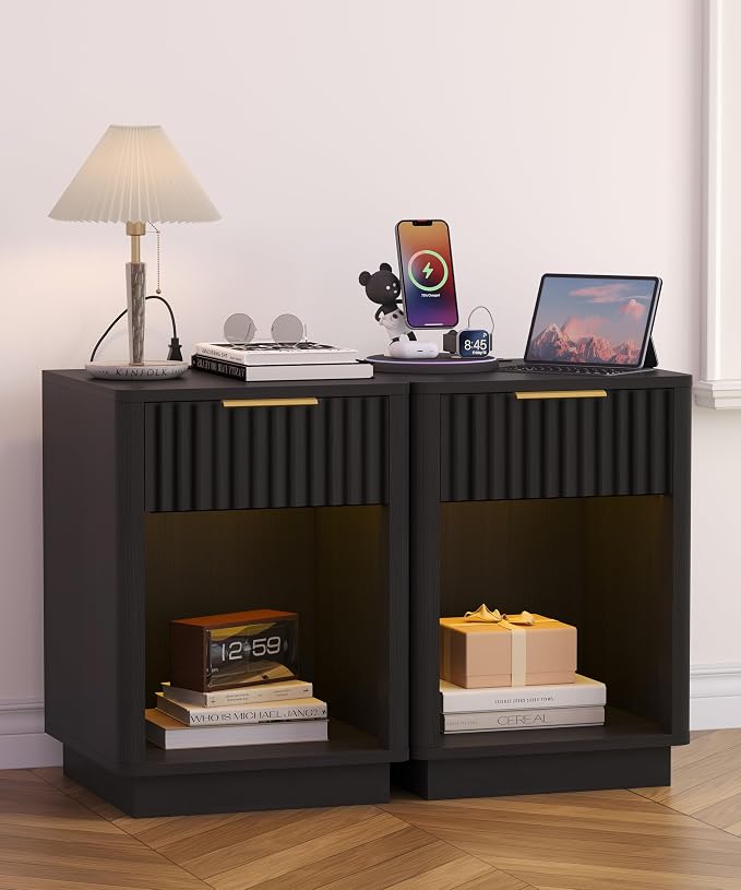 Akxomel Fluted Nightstands Set of 2, Wooden Night Stand with Charging Station and LED Light, Modern Mid Century End Table with Drawer, 15" D x 15.7" W x 22.6" H, for Bedroom, Black - Image 2
