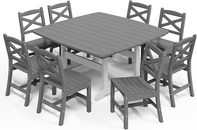 Patio Dining Table Set for 8, HDPE Outdoor Dining Set, All-Weather Outdoor Rectangular Tables and 8 Chairs, Durable Patio Furniture Set with Chairs,White Grey by Unknown