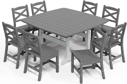 Patio Dining Table Set for 8, HDPE Outdoor Dining Set, All-Weather Outdoor Rectangular Tables and 8 Chairs, Durable Patio Furniture Set with Chairs,White Grey by Unknown