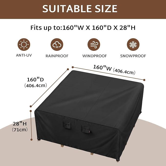 iBirdie Outdoor Patio Furniture Set Covers 160 x 160 inch Waterproof Weatherproof Square Cover, Heavy Duty 600D for Outside Extra Large Dining Table and Chairs fit 13 x 13 ft, 150 x 150 inch - Image 2