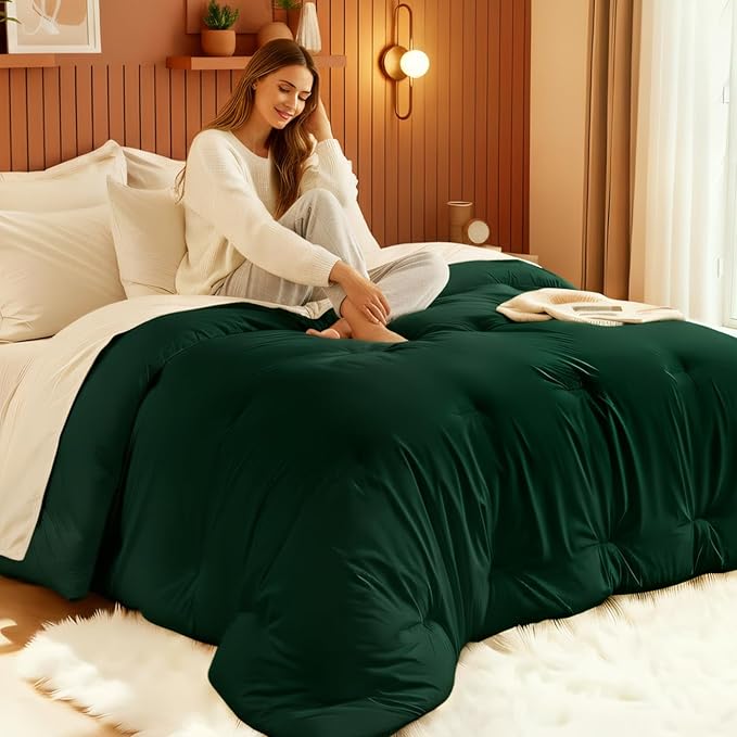 Comforters Queen Size, All Season Quilted Bed Comforter, Ultra-Soft Down Alternative Duvet Insert with 4 Tabs, Lightweight Bedding Blanket - Machine Washable, Emerald Green