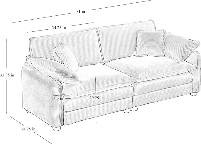KEIKI 81" Oversized Corduroy Modular Sectional Loveseat Sofa with High-Density Foam Cushions, Removable Armrests, Upholstered Modern 2-Seater Fluffy Corner Couch with 4 Pillow, for Living Room, Tan