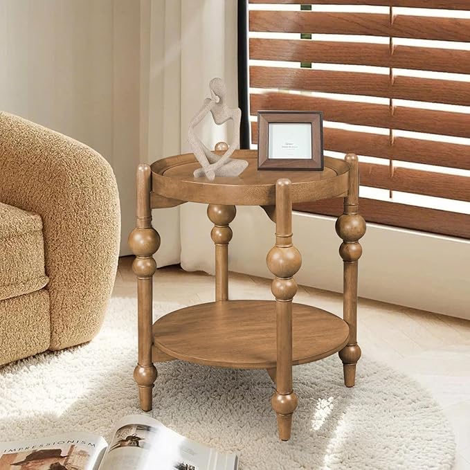 LKTART Nesting End Table for Living Room,Round Solid Wood Frame Nest Side Tables with Storage,Retro Accent Center Table for Small Space Apartment (25''D×24''H-Natural)
