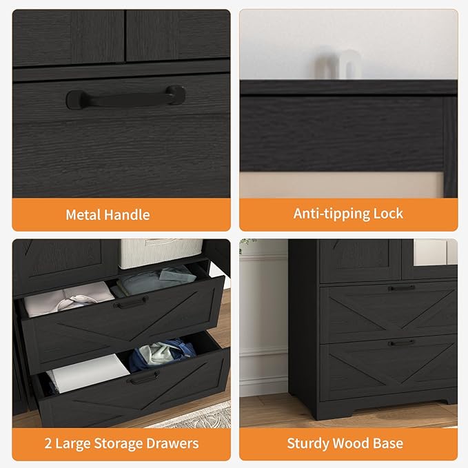 31.5'' Black 2-Door Wardrobe with Mirror, Modern Closet with 2 Drawers, Geometric Design Storage Cabinet for Bedroom