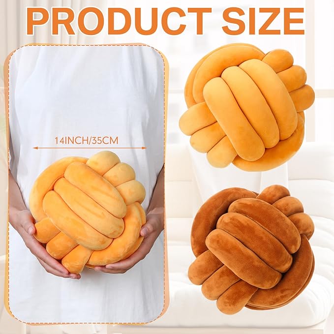 Namalu 2 Pcs Soft Knot Pillow Ball, Decorative Round Throw, Soft Knotted Plush Pillows, Handmade Stuffed Ball Pillows Cushion for Bedroom Sofa Couch Home Decor(7.87 Inches,Caramel Color)