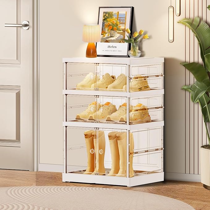 CIMLORD 3-Tier Foldable Shoe Rack for Closet Entryway 3-6Pairs,Stackable Clear Shoe Storage Boxes Organizer with Door Plastic Shoe Cabinet Bins with Lids Shoes Shelf Easy Assembly Large White by CIMLORD