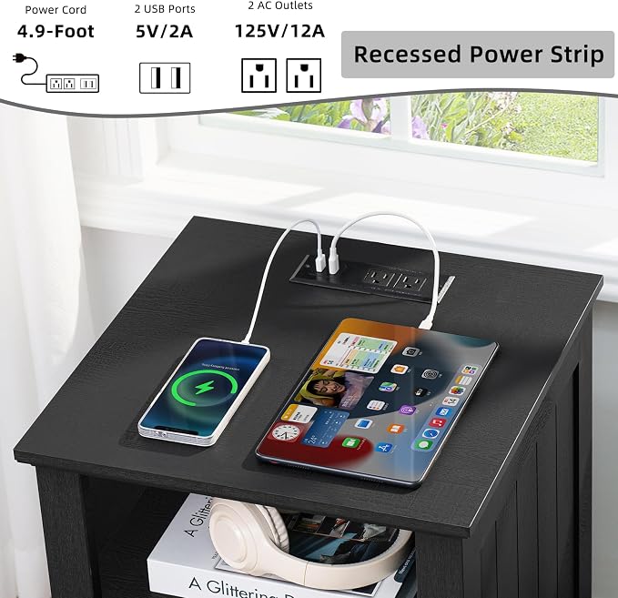 Joaxswe 18" Night Stands Set of 2 with Charging Station, Farmhouse 2 Drawers End Table Dresser for Bedroom, Black Wooden Nightstand, Bed Side Table with Open Shelf, Bedside Cabinet for Living Room - Image 7