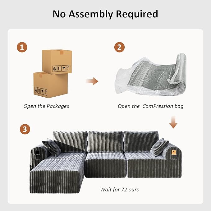 106" Boneless Couches for Living Room, Modular Sectional Sofa, L-Shape Sofa Couches,Cloud Couch Sectional, Comfy Corduroy Sofa, with Deep Seat, No Assembly Required (Gray, 3 Seater + 1 Ottoman)