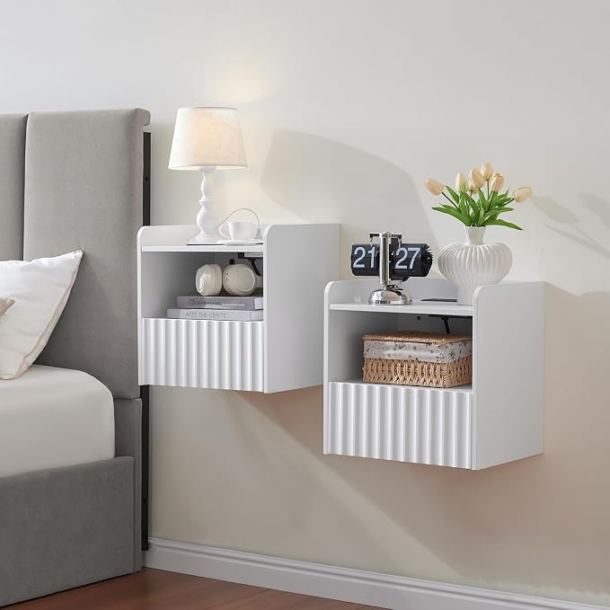 BuildHom Modern Fluted Floating Nightstand Wall Mounted Set of 2- Bedside Table with Storage Drawer & Display Shelf, Minimalist Bedroom Furniture for Studio Apartments (Matte White) by BuildHom