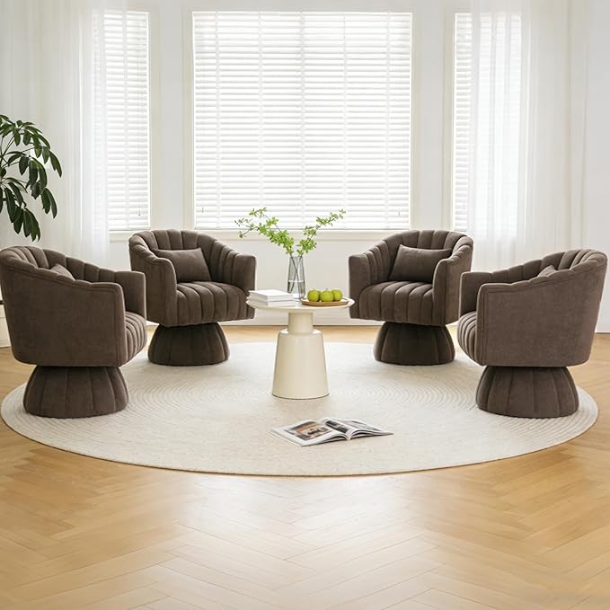 ClinQ Swivel Barrel Chair with Pillow, 360° Cloud Velvet Round Swivel Accent Chair, Upholstered Cuddle Reading Lounge Chair for the Living Room, Bedroom, Office, Brown-Vertical Stripes