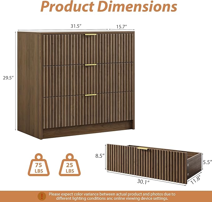 MAISONARIA Walnut 3-Piece Living Room Sets, 5 Drawers Dresser & 2 Drawer Nightstands with Hidden Handles, Wood Chest of Drawers for Living Room, Entryway