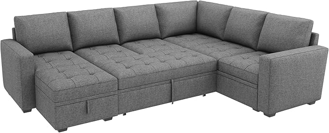 HONBAY Modular Sectional Couch with Pull Out Bed Sleeper Sofa with Storage U Shaped Modular Sectional Couches for Living Room,Mid Grey