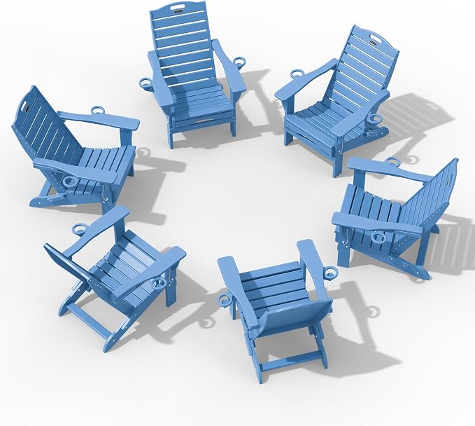 Adjustable Adirondack Chairs Set of 6 with Retractable Ottoman, HDPE Folding Adirondack Chair with Cup Holders, Weather Resistant for Backyard, Poolside & Fire Pit(Navy Blue) by Suunyn