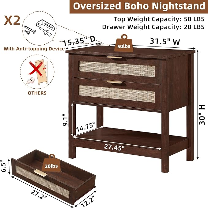 LEYAOYAO 31.5" Wide Rattan Night Stand, Large Boho Nightstand, Bedside Table with Storage, Tall Bed Side End Tables, Chest of Drawers for Bedroom, Living Room, Hallway（Walnut,2 Drawers,2） - Image 2