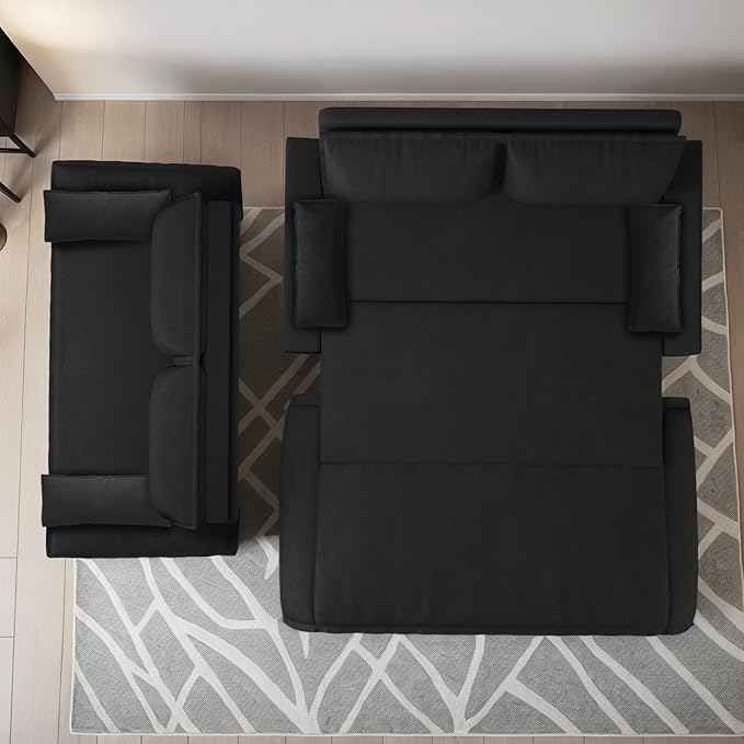 3 in 1 Convertible Sleeper Couch, Queen Full Size Loveseat Pull Out Sofa Bed, Futon Velvet Lounge Sofa with Pillows for Living Room, Bedroom, Apartment, Office, Black