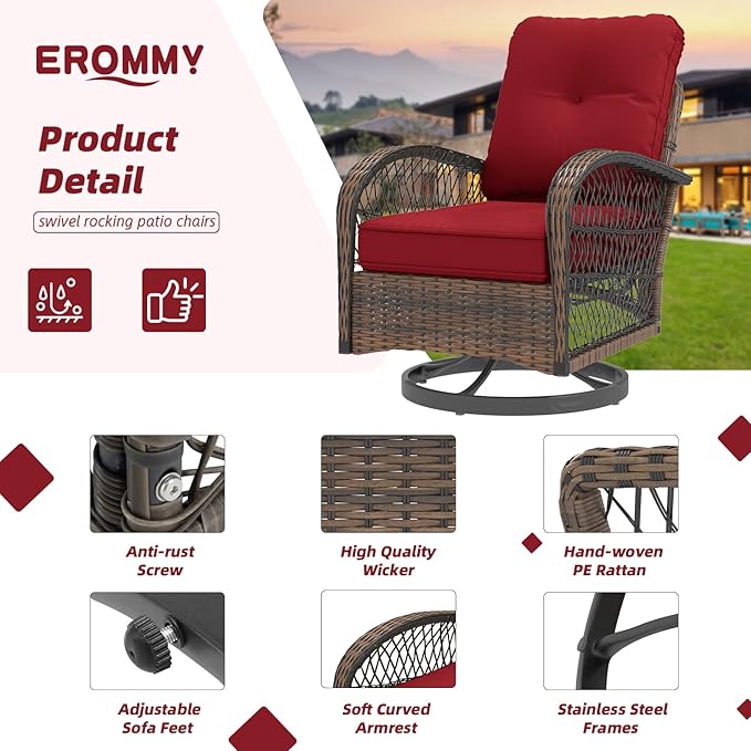 EROMMY 3 Pieces Patio Furniture Set, Outdoor Swivel Rocker Patio Chairs, Wicker Patio Bistro Set with Rocking Chair, Thickened Cushions and Glass Coffee Table for Backyard, Garden, Wine Red