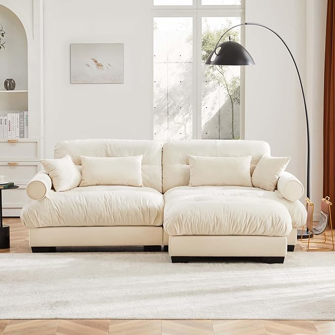 KEIKI 94" L-Shaped Oversized Velvet Modular Sectional Loveseat Sofa with 1 Ottoman, High-Density Foam Cushion, Bolstered Armrest, Upholstered 2-Seater Cloud Couch with 4 Pillow, for Living Room, Cream