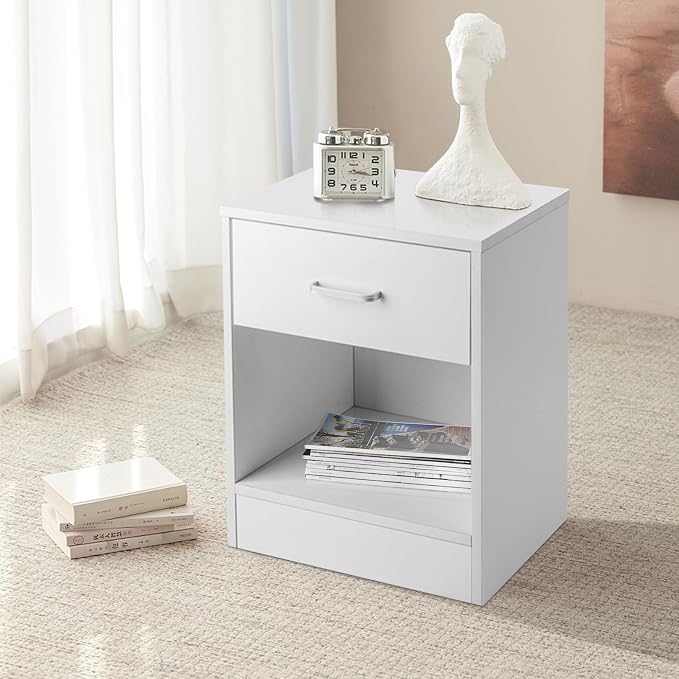 Karl home Nightstands Set of 2 with Drawer for Bedroom, Wood Night Stand Set 2 with Open Shelf, Modern Nightstand Bedside Tables Set of 2, End Table, White - Image 2