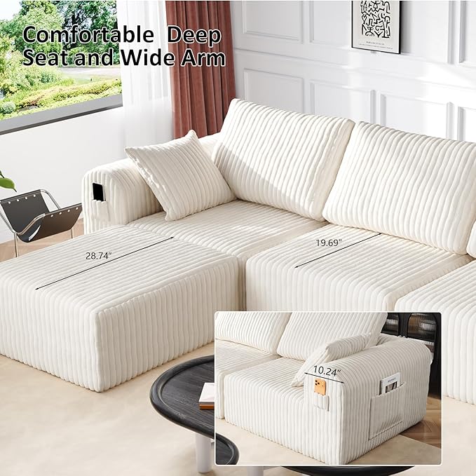 106" Boneless Couches for Living Room, Modular Sectional Sofa, L-Shape Sofa Couches,Cloud Couch Sectional, Comfy Corduroy Sofa, with Deep Seat, No Assembly Required (Beige, 3 Seater + 1 Ottoman)