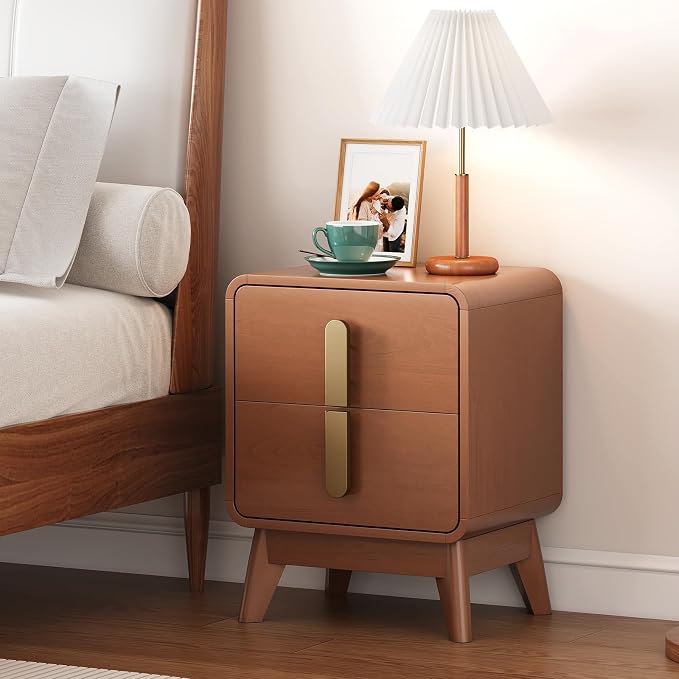 Mid Century Modern Nightstand Set of 2, Wood Bedside Table with 2 Drawers and Metal Handles, Curved Design, Night Stand Set 2 for Bedroom, Cherry - Image 8