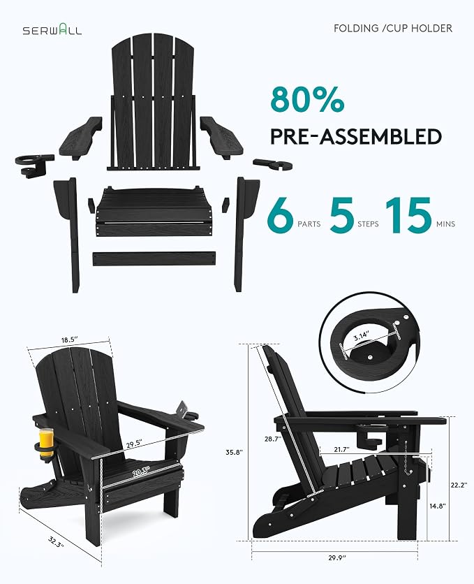 SERWALL HDPE Folding Adirondack Chair with Dual Cup Holder - Composite Adirondack Chair Set of 6- Black - Image 4