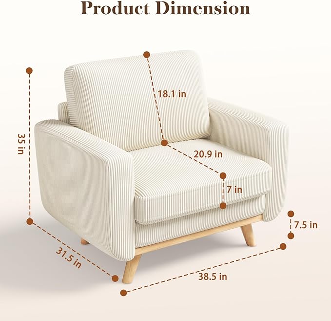 38.5" Beige Corduroy Accent Chair, Comfy Deep Seat Armchair with Spring Cushion, Modern Reading Sofa for Living Room Bedroom