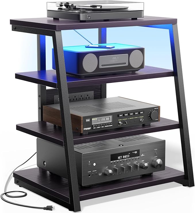 Besiost AV Media Stand with Outlets, Media Console with LED Lights, Stereo Racks and Stands with Storage Shelves, Media Audio Tower Cabinet, Black Enoby by Besiost